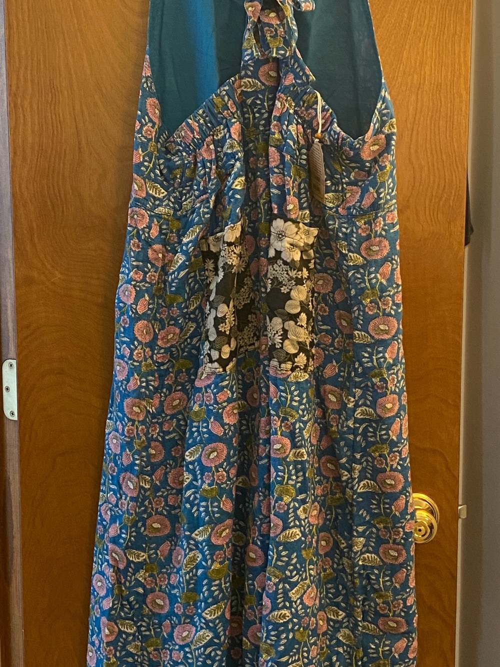NATURAL LIFE Blue Floral Maxi jumpsuit with Black Contrast Pockets - Picture 3 of 9
